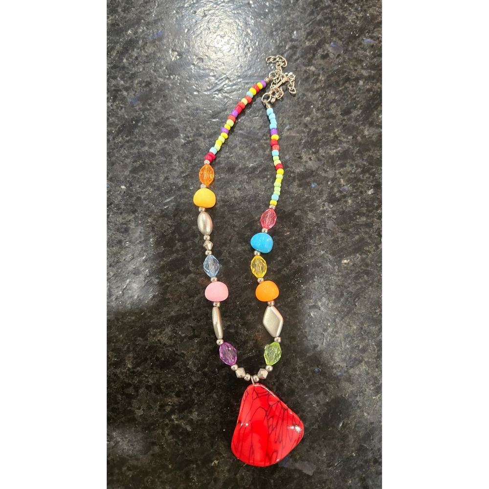 Multi Color Beaded Necklace with Large Red Marbled Triangle Pendant Adjustable